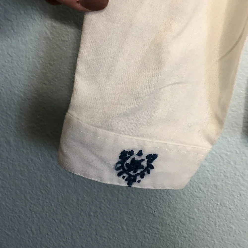 Vintage Gossl Germany Hand Embroidered White Button Down Shirt Blue 38 S - Picture 4 of 8